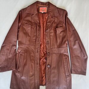 Vintage Ms. Pioneer Brown Long Leather Coat | Size 8 | 90s Style Western Trench
